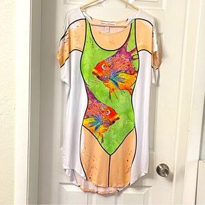 Vtg Leoma Love grove Whimsical Cover Up Top Shirt Womens One Piece Fish Art Y2K